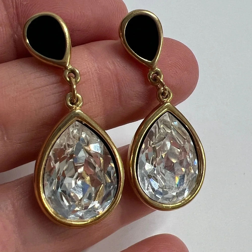 Trifari Black Enamel and Crystal Teardrop Goldtone Frame Pierced Earrings